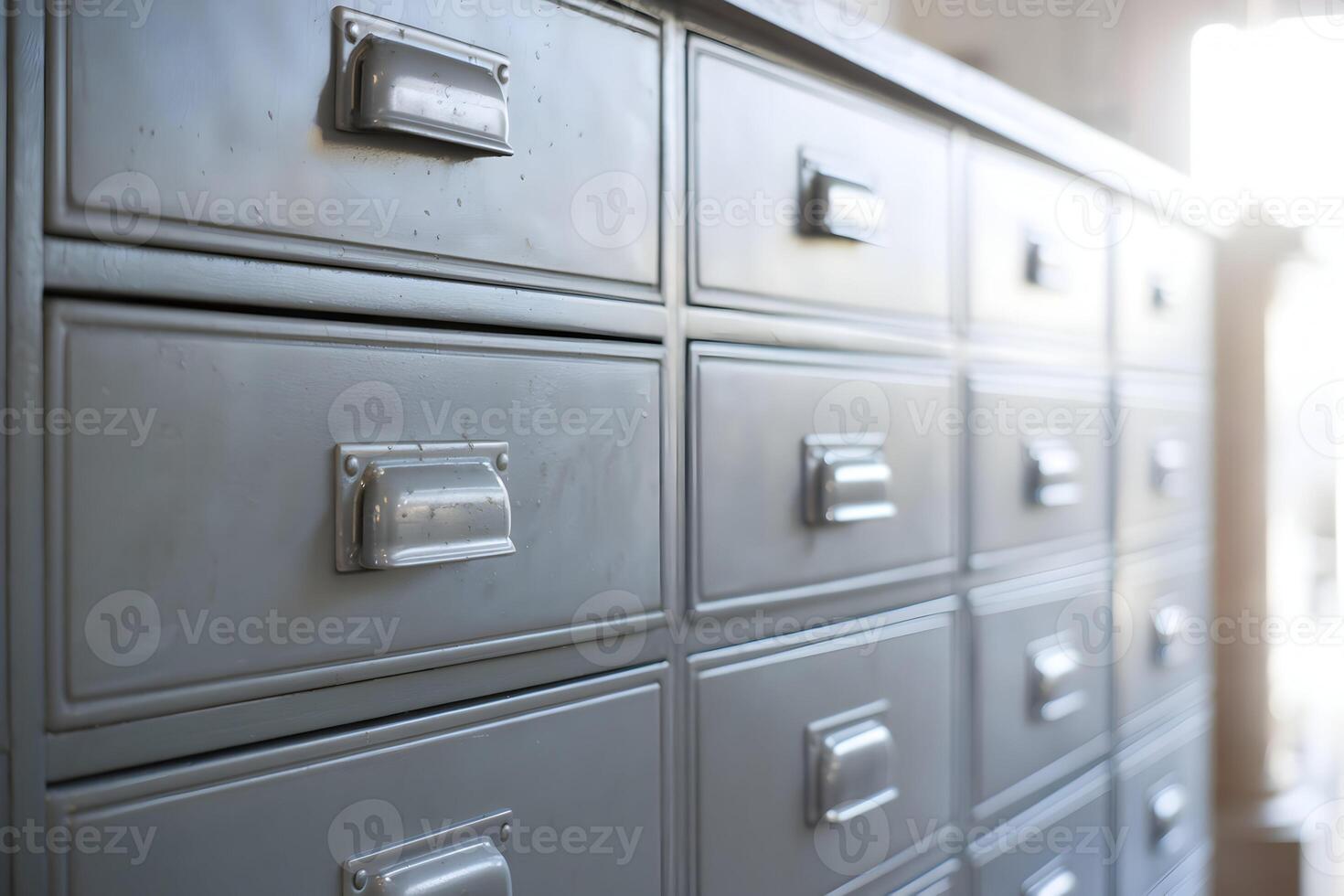 Metallic drawers with silver handles, sunlight filtering through soft blurred background photo