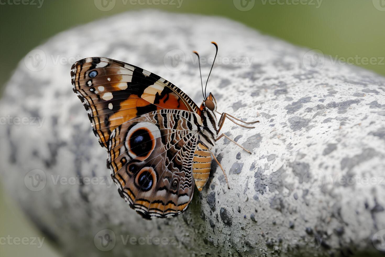 Butterflys intricate orange, black wings rest on blurred textured background, eye design visible photo