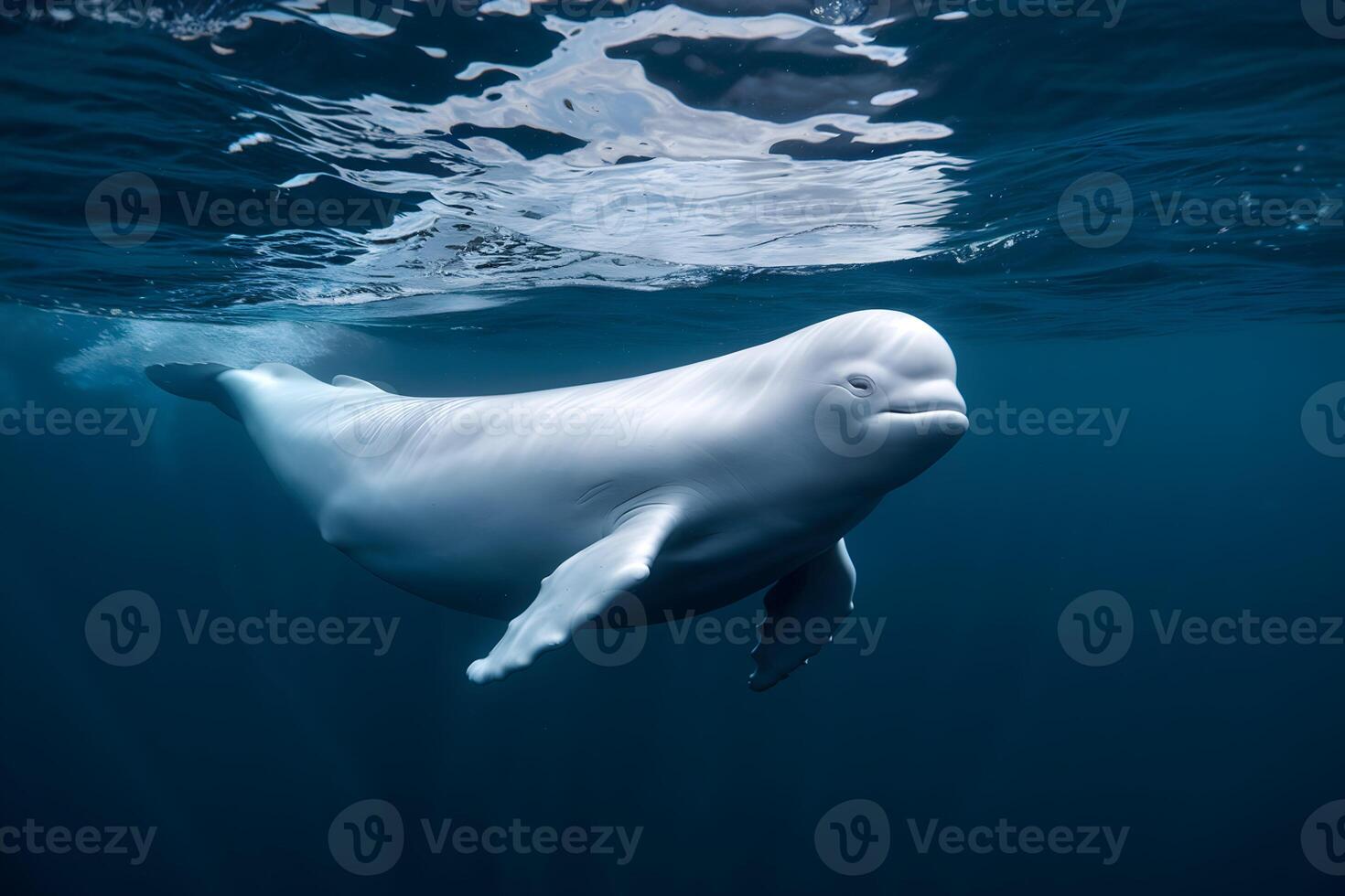 Beluga whale swims gracefully, smooth white body contrasts deep blue ocean waters photo