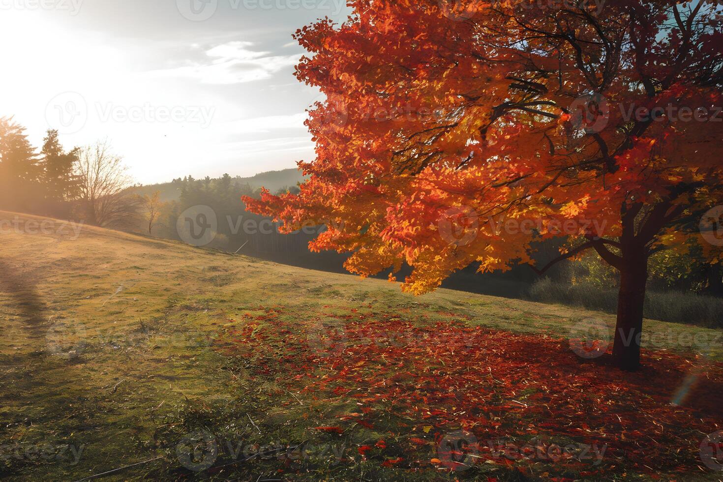 Autumn tree shedding vibrant leaves onto grassy field under a sunlit sky photo