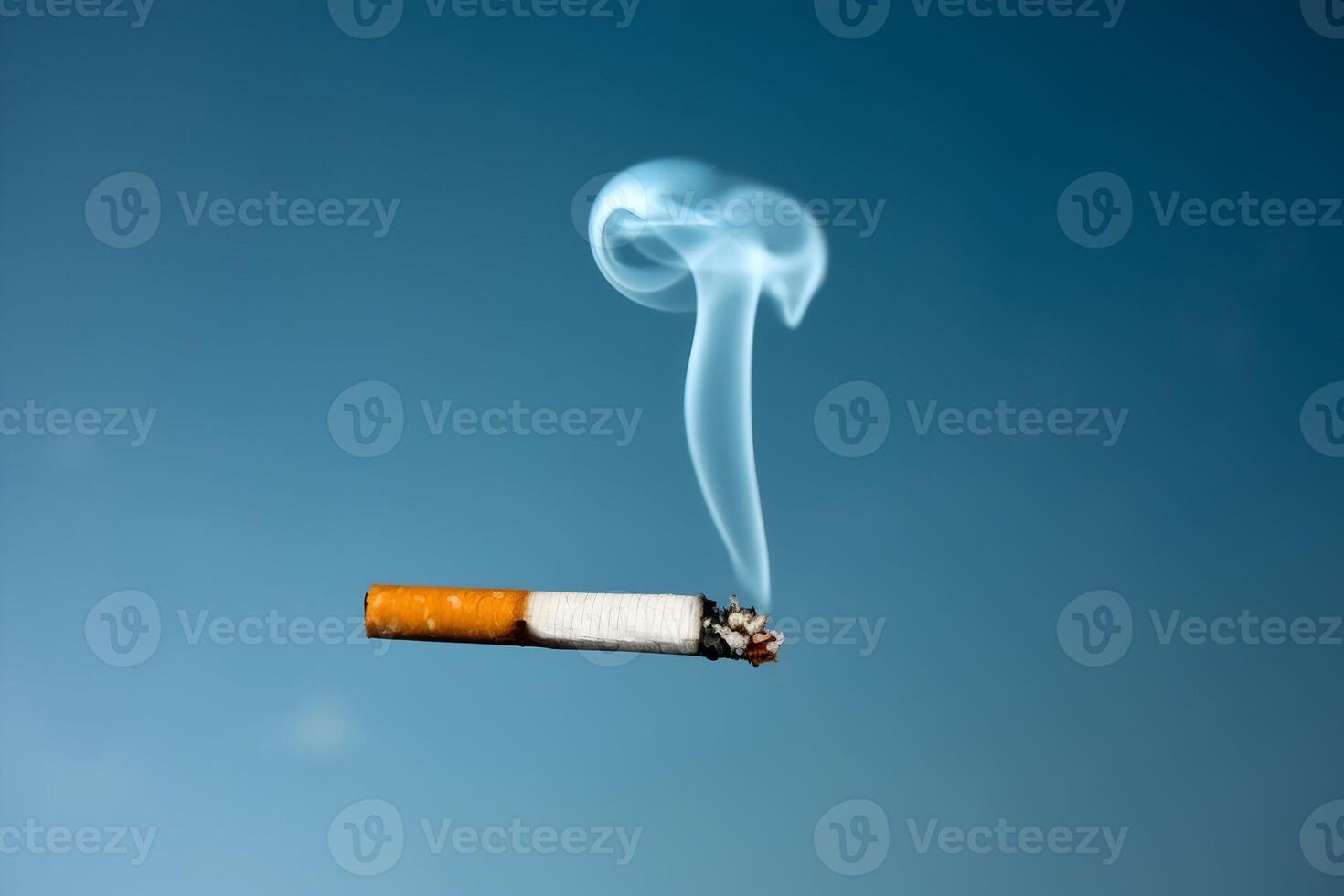 Burning cigarette wisp spirals against blue sky, minimalist scene captures fleeting moment photo
