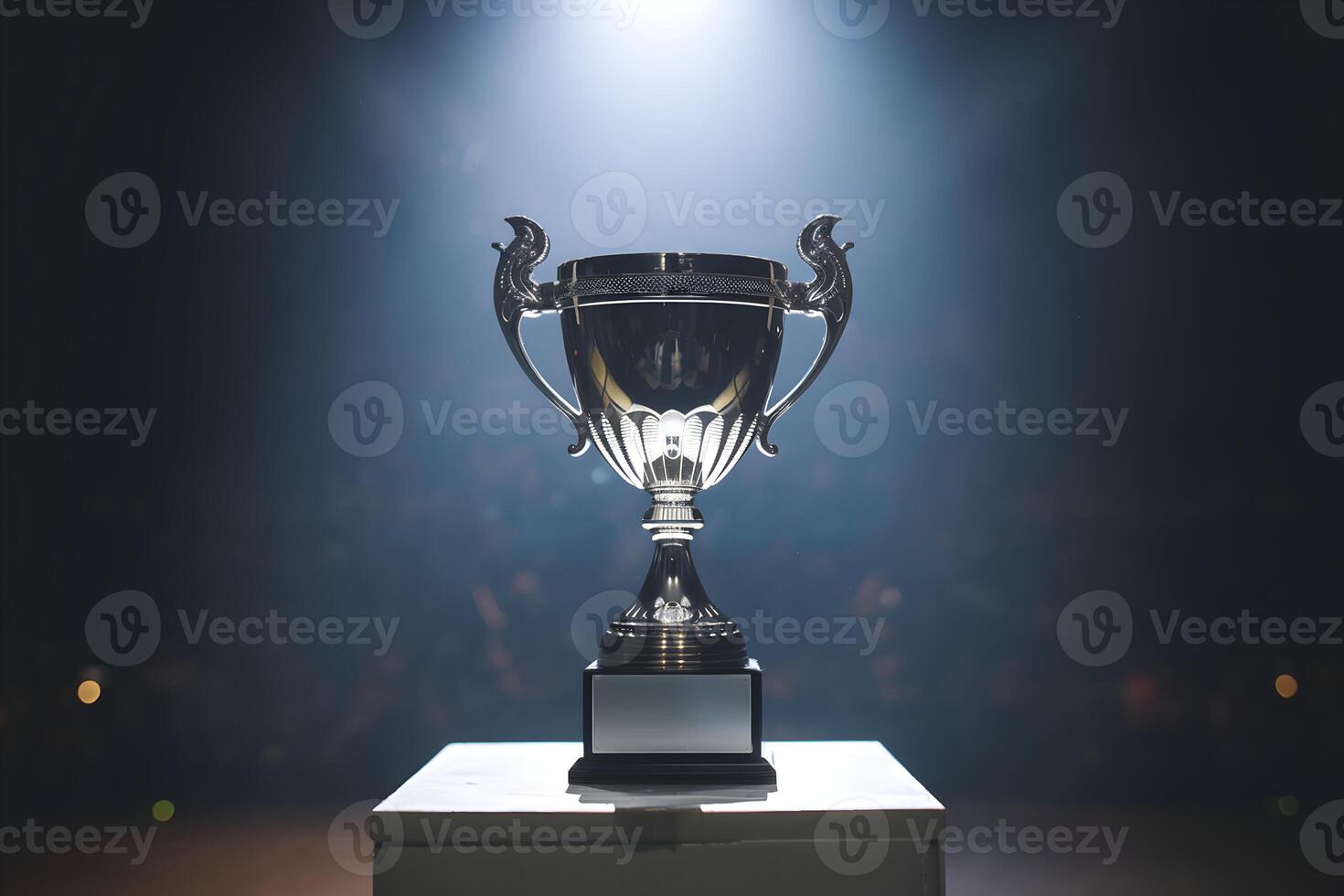 Trophy on a pedestal illuminated by a spotlight, highlighting its intricate design photo