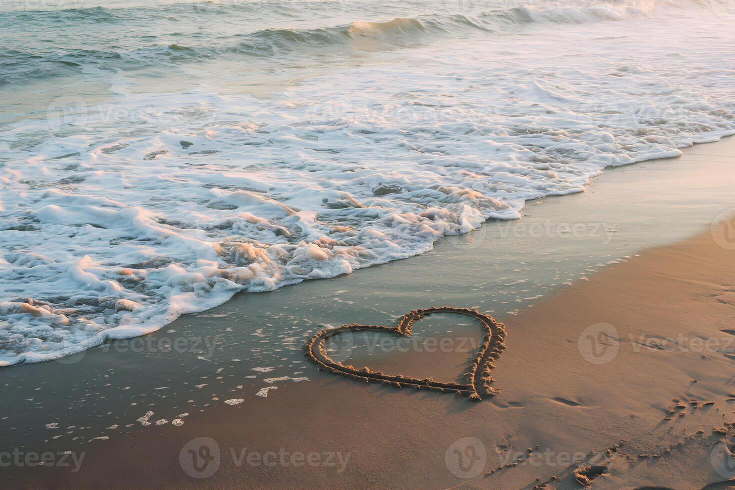 Tranquil beach scene with heart shaped imprint in sand, gentle waves washing up photo