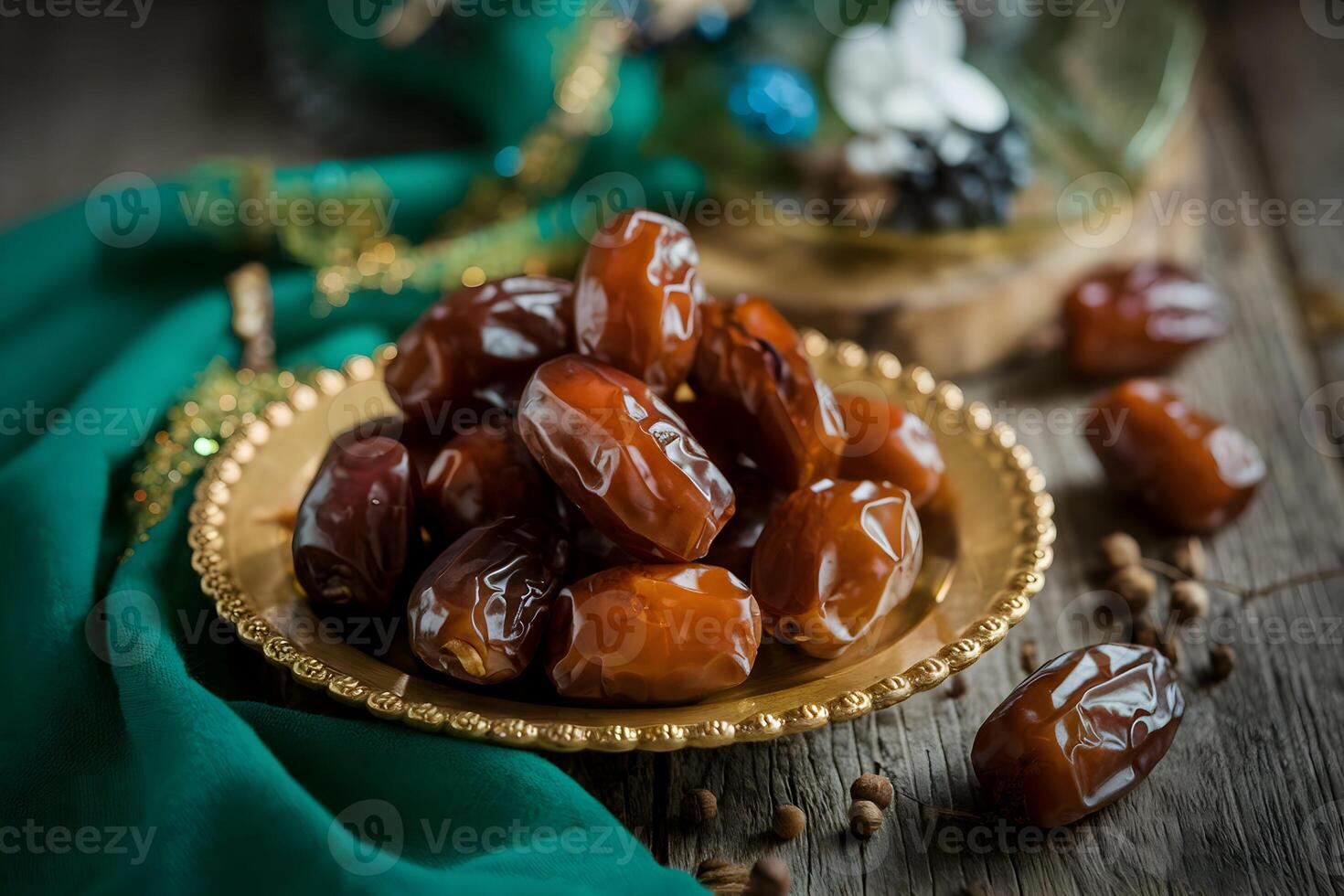 Glossy dates on golden plate, green cloth accents rustic wooden table setting photo