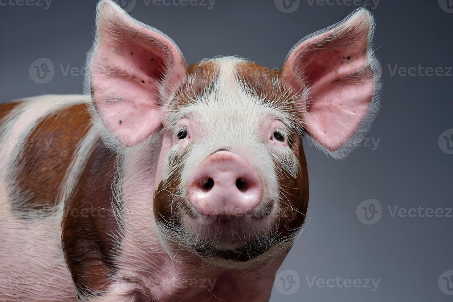 Pigs face close up, erect ears, pink snout against neutral gray background photo