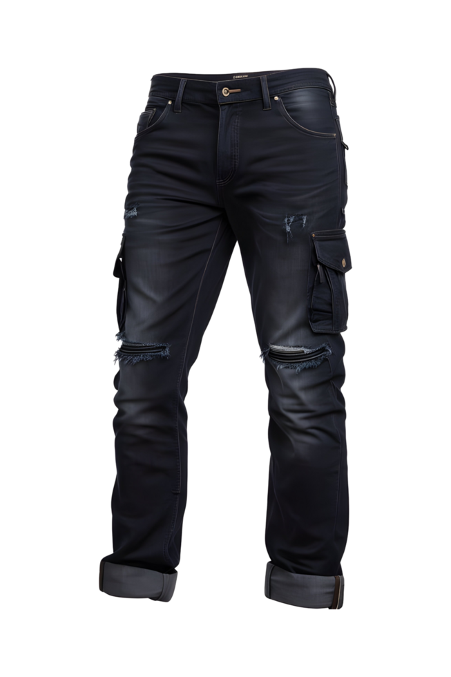 A pair of black jeans with ripped knees png