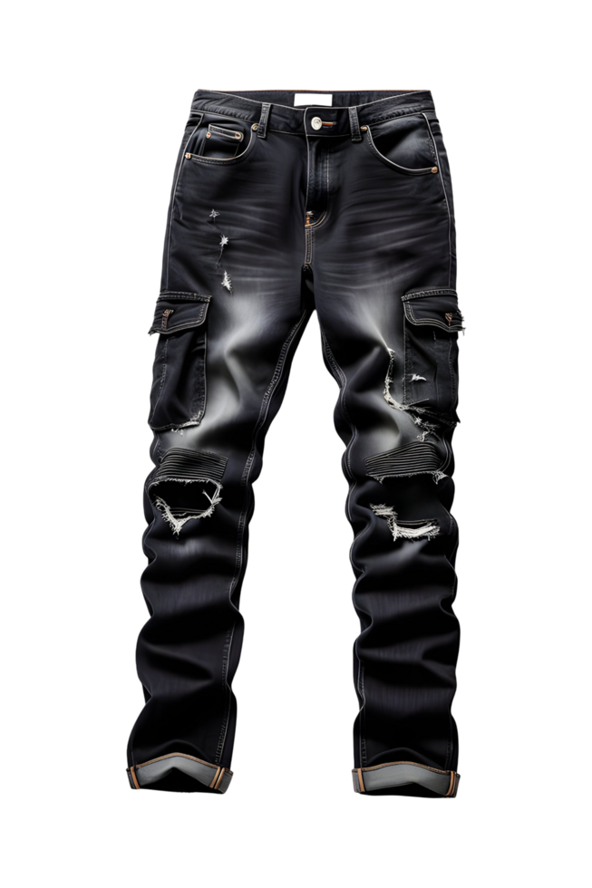 A pair of black jeans with holes and ripped knees png