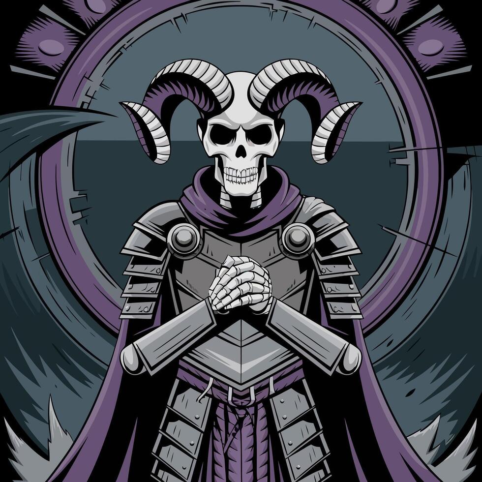 Skeleton knight with horns in gothic fantasy style. vector