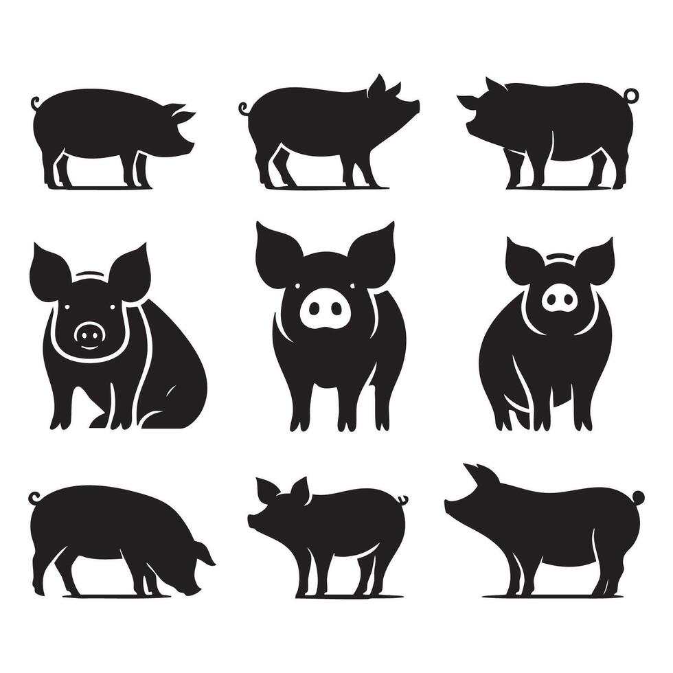 A compilation of pig silhouettes against a white background vector