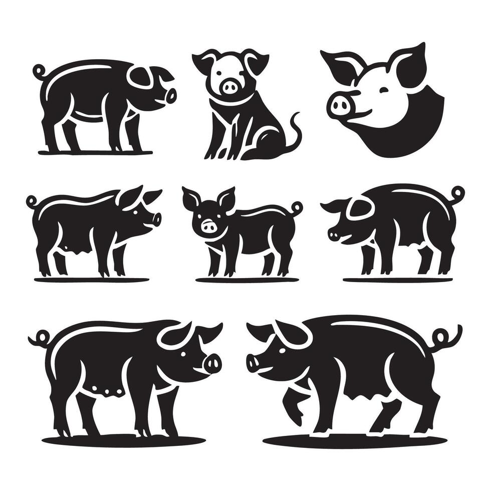 Various pig silhouettes positioned on a clean white background vector