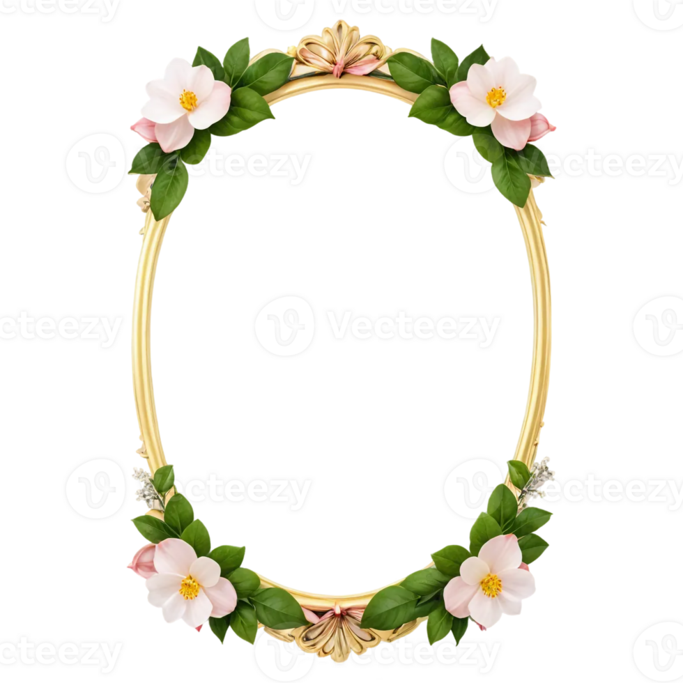 A gold frame with pink flowers and leaves png