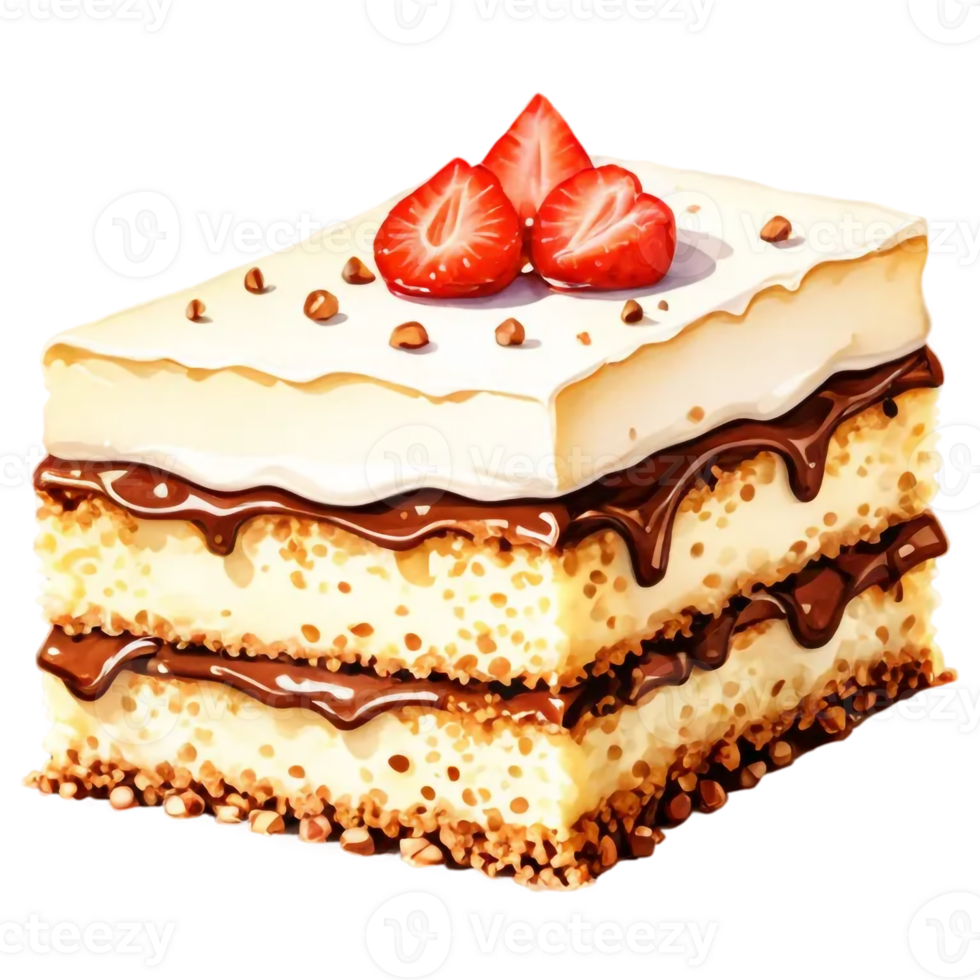 A slice of cake with chocolate and strawberries png