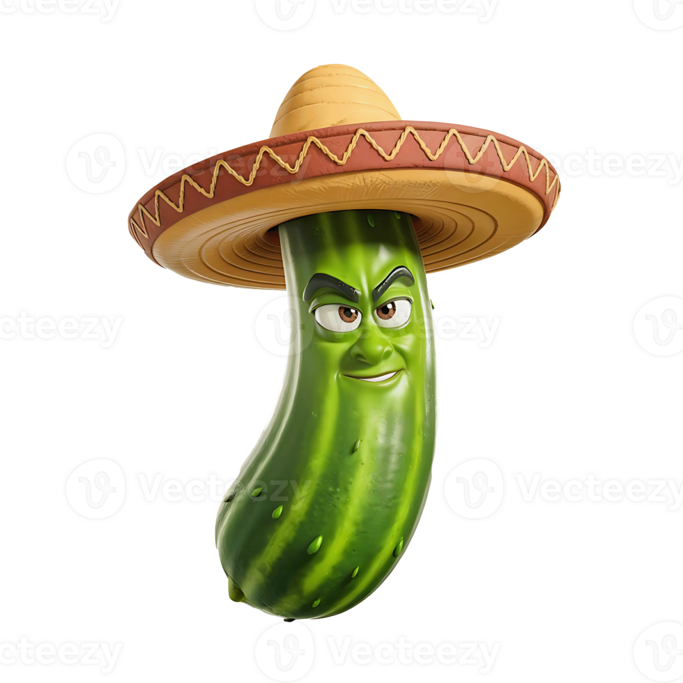 Stylized Green Cucumber Character with Sombrero Hat Fun and Playful Cartoon Design png