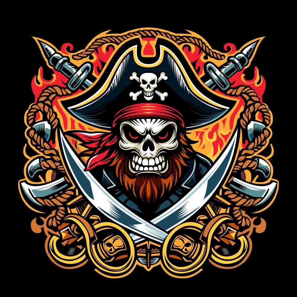 pirate skull with sword and hat on black background vector