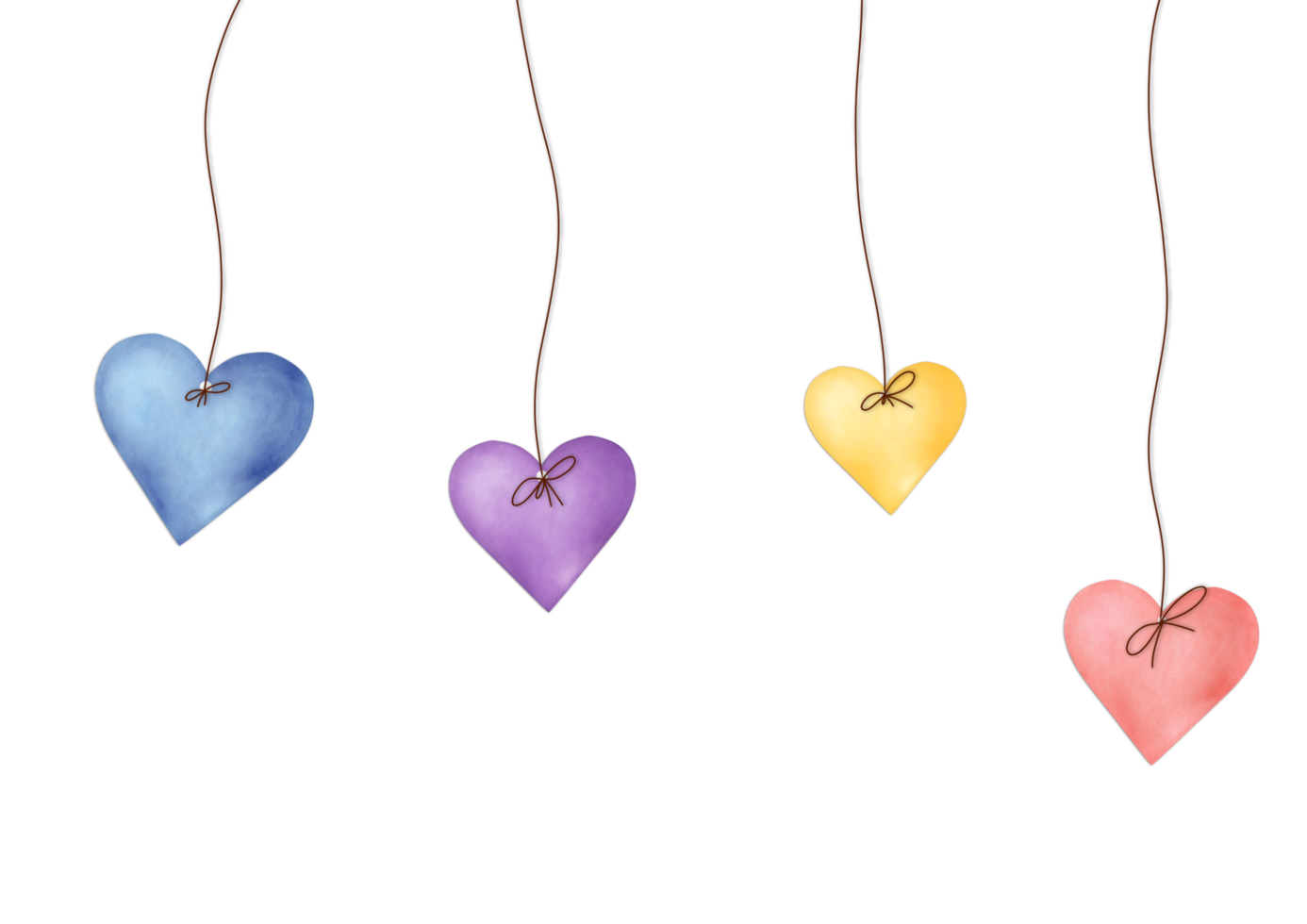 Four hearts hanging from strings on Transparent background png