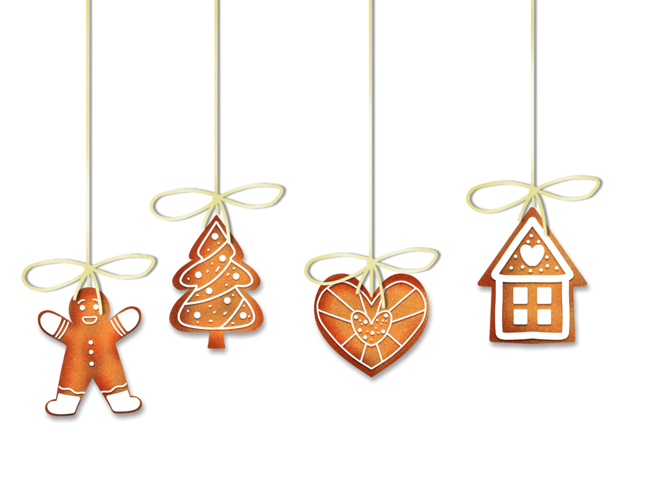 Christmas decorations hanging from strings on Transparent background png