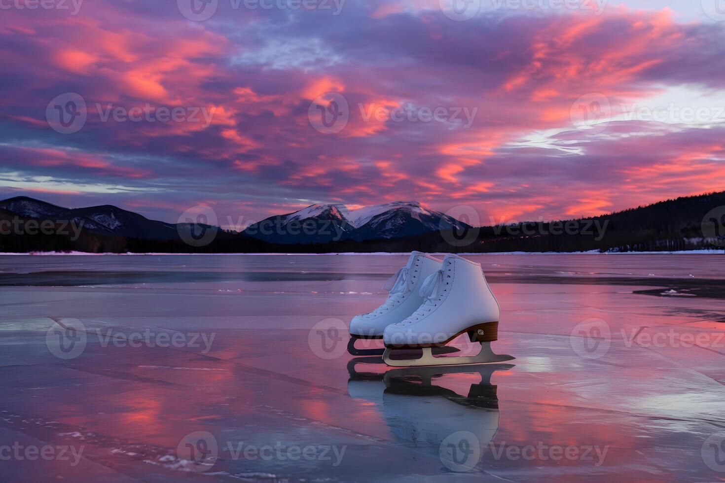 Pair of white ice skates positioned on a frozen lake, glowing sunset in background photo