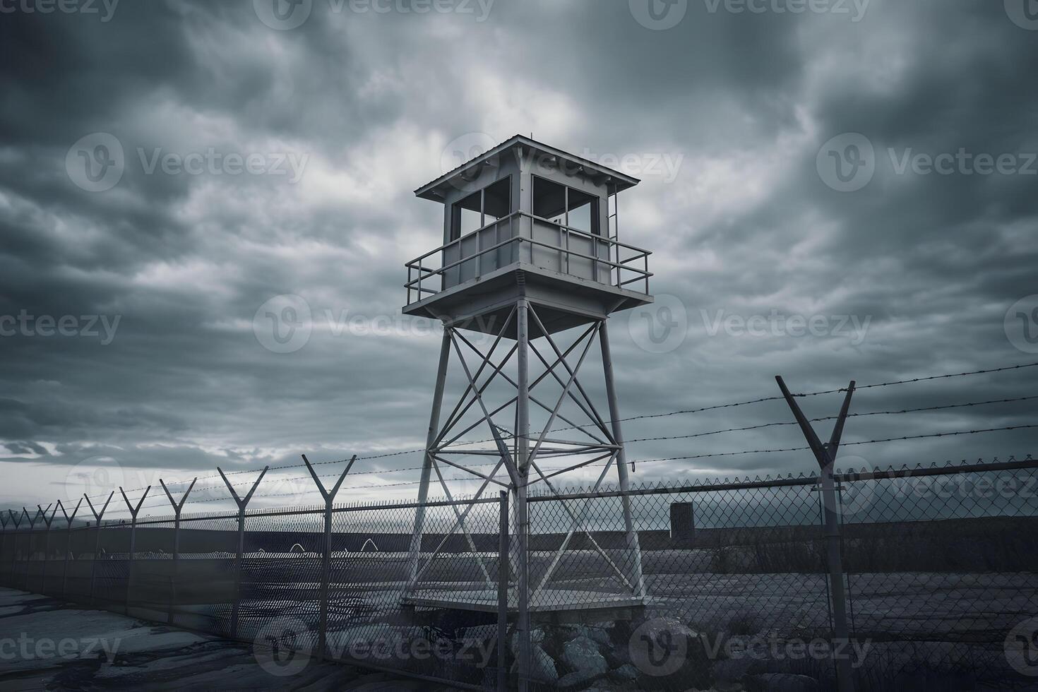 Solitary watchtower with a chain link fence and barbed wire under cloudy sky photo