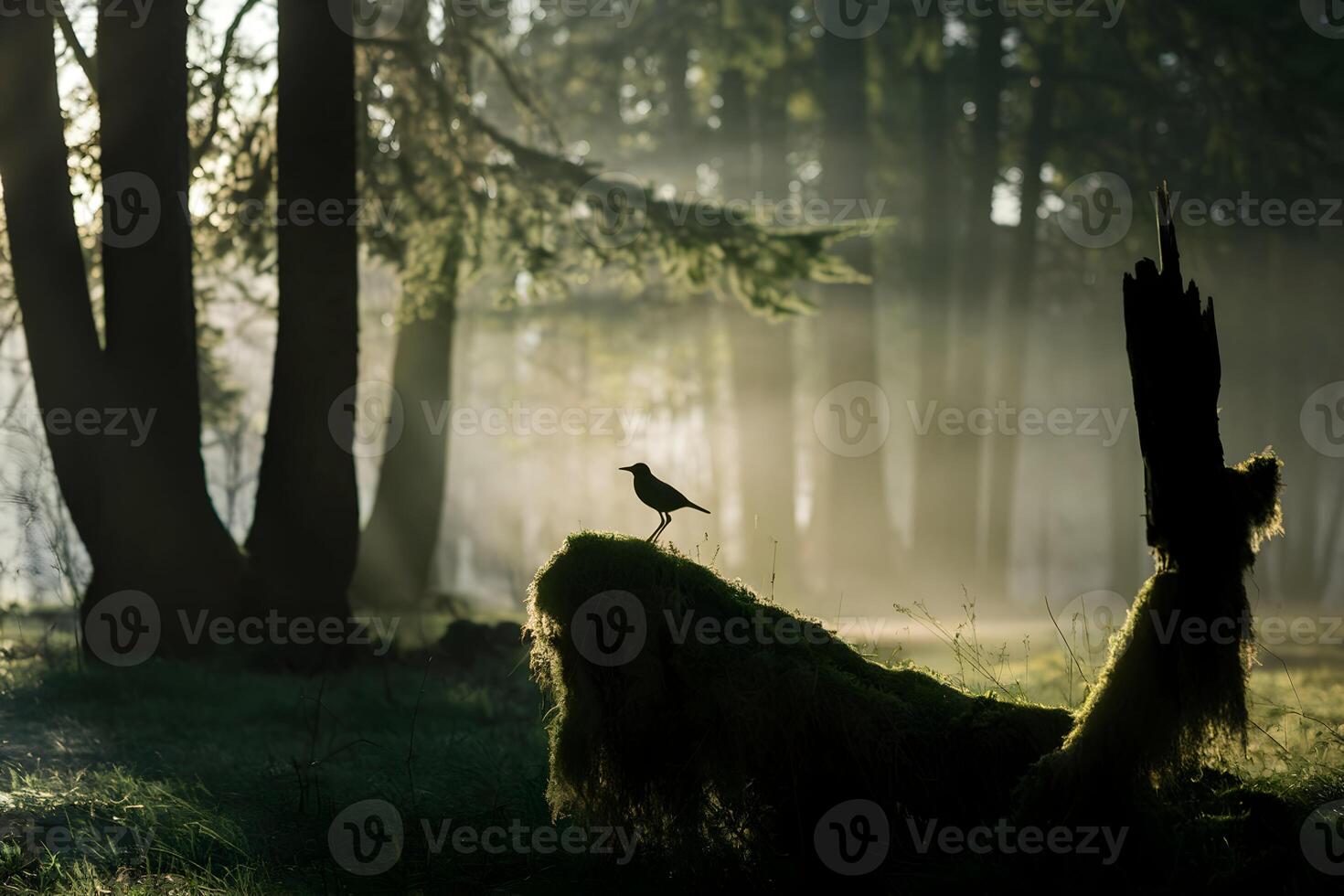 Forest at dawn with sunlight filtering through trees and bird perched on log photo