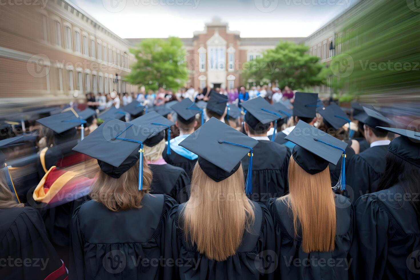 Group of graduates in gowns, gathered in ceremony with anticipation in the air photo