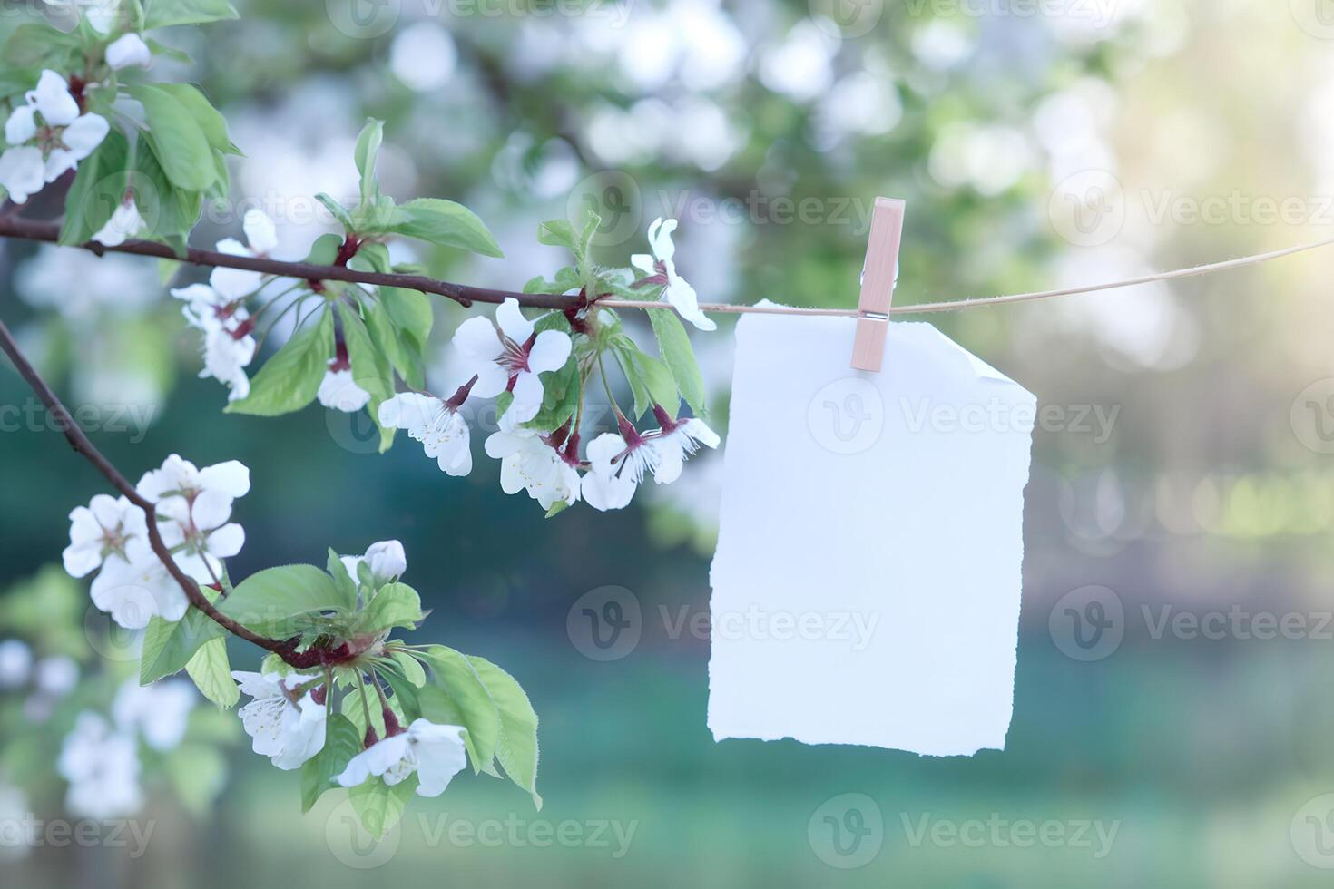 Peaceful outdoor scene with white blossoms and a piece of blank paper pinned photo