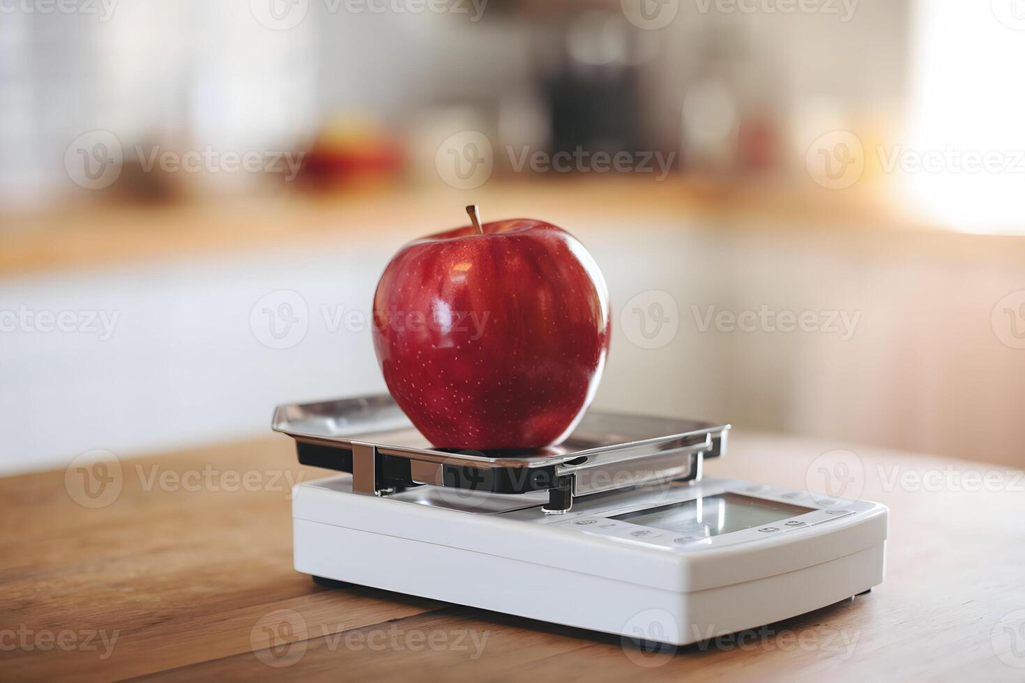 Red apple on a digital scale with warm kitchen lighting highlighting freshness photo