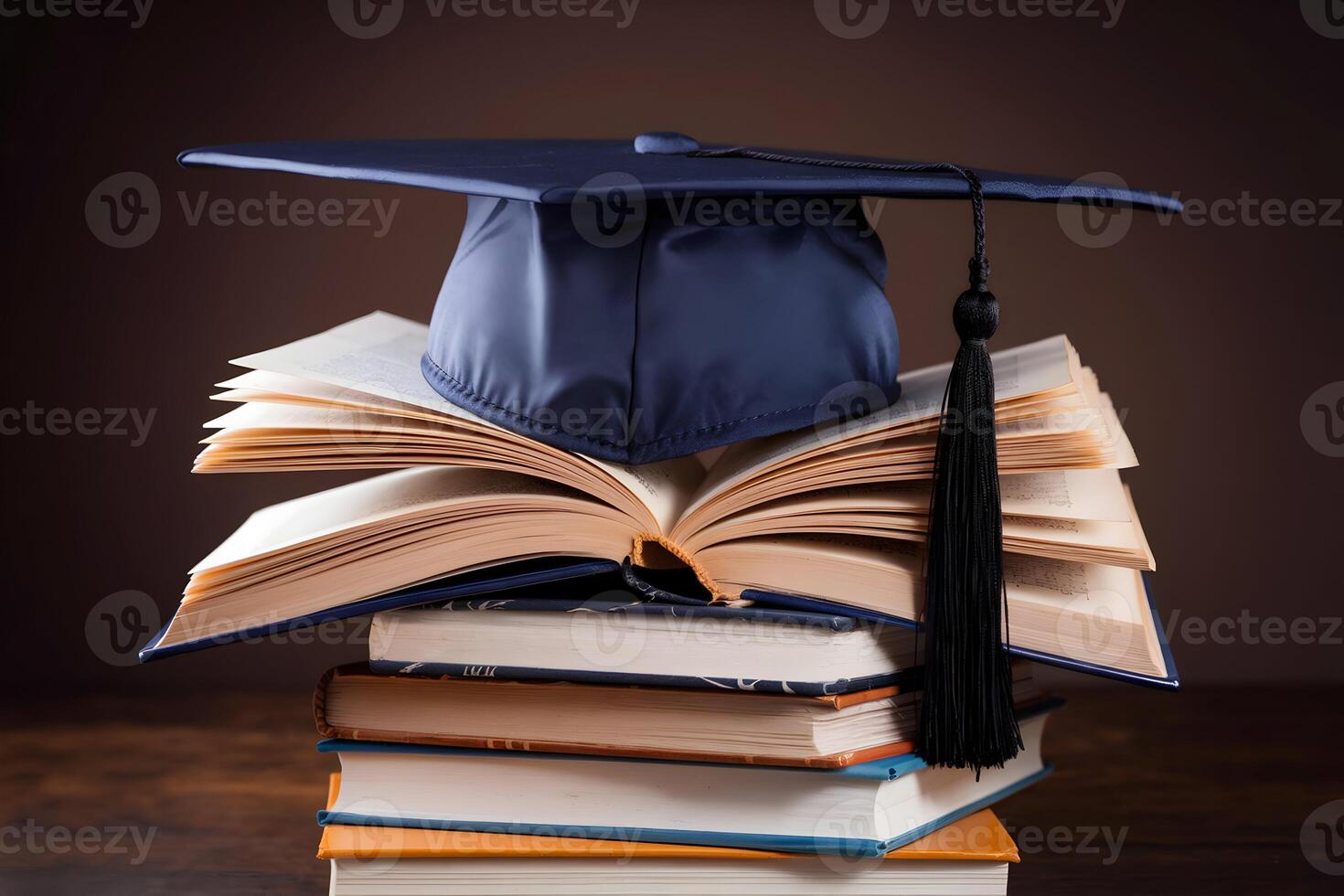 Graduation cap rests atop a stack of books, highlighting academic achievement photo