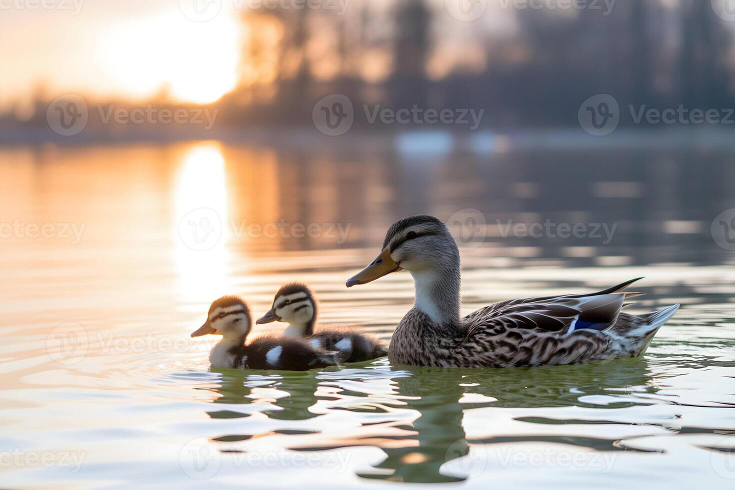 Mother duck with two fluffy ducklings on calm waters during sunset, golden reflection photo