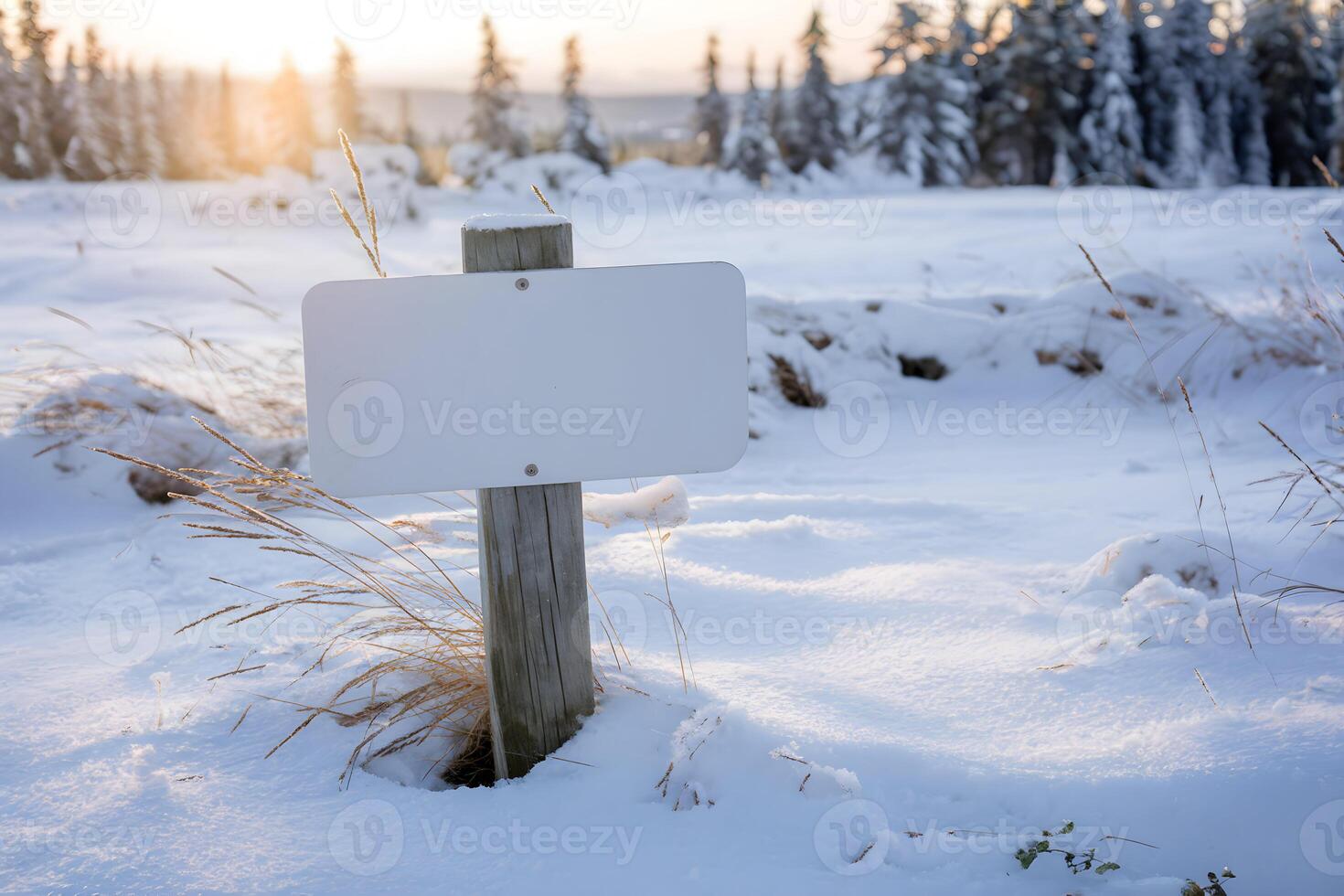 Wooden post with a blank sign in a serene snow covered landscape photo