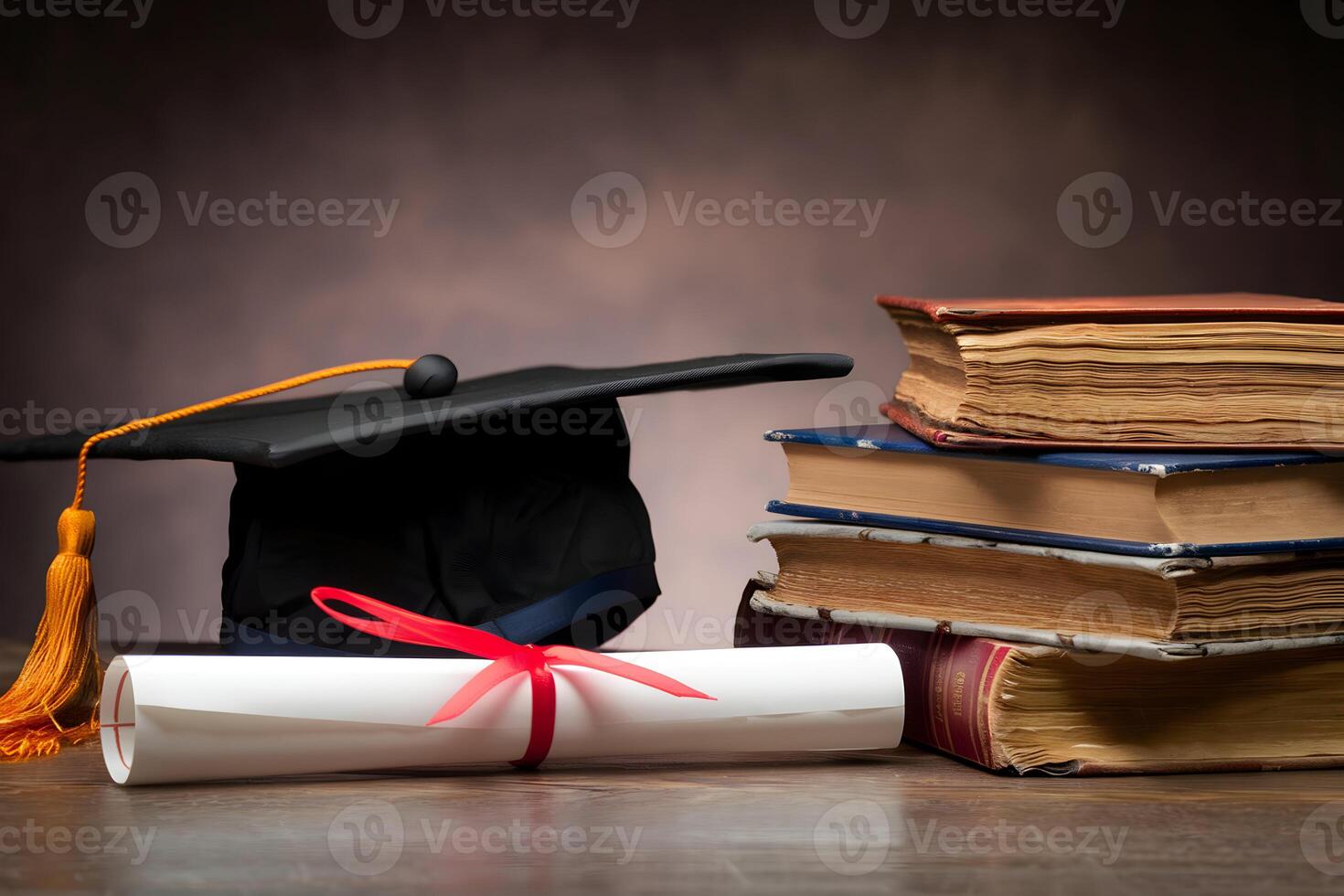 Graduation symbols of cap, diploma, and old books on a muted gradient backdrop photo