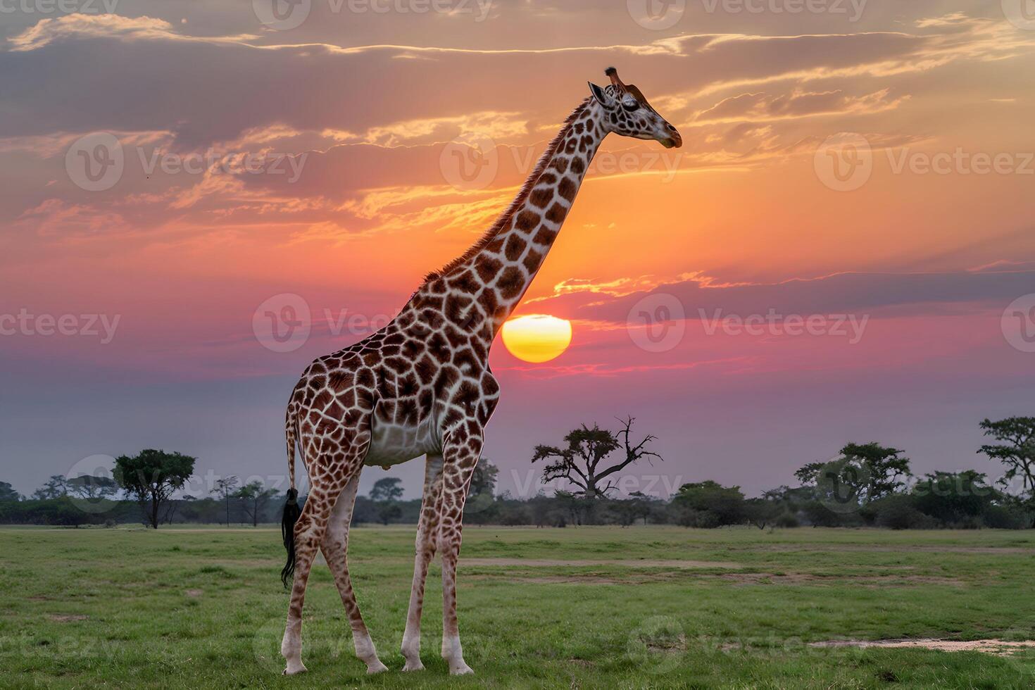 Majestic giraffe silhouetted against vibrant sunset sky in peaceful grassland photo