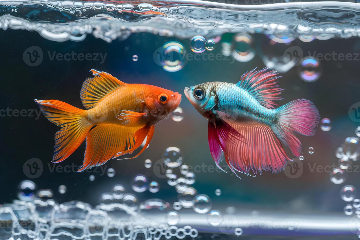 Two vibrant betta fish swimming amidst bubbles in a dreamy underwater scene photo