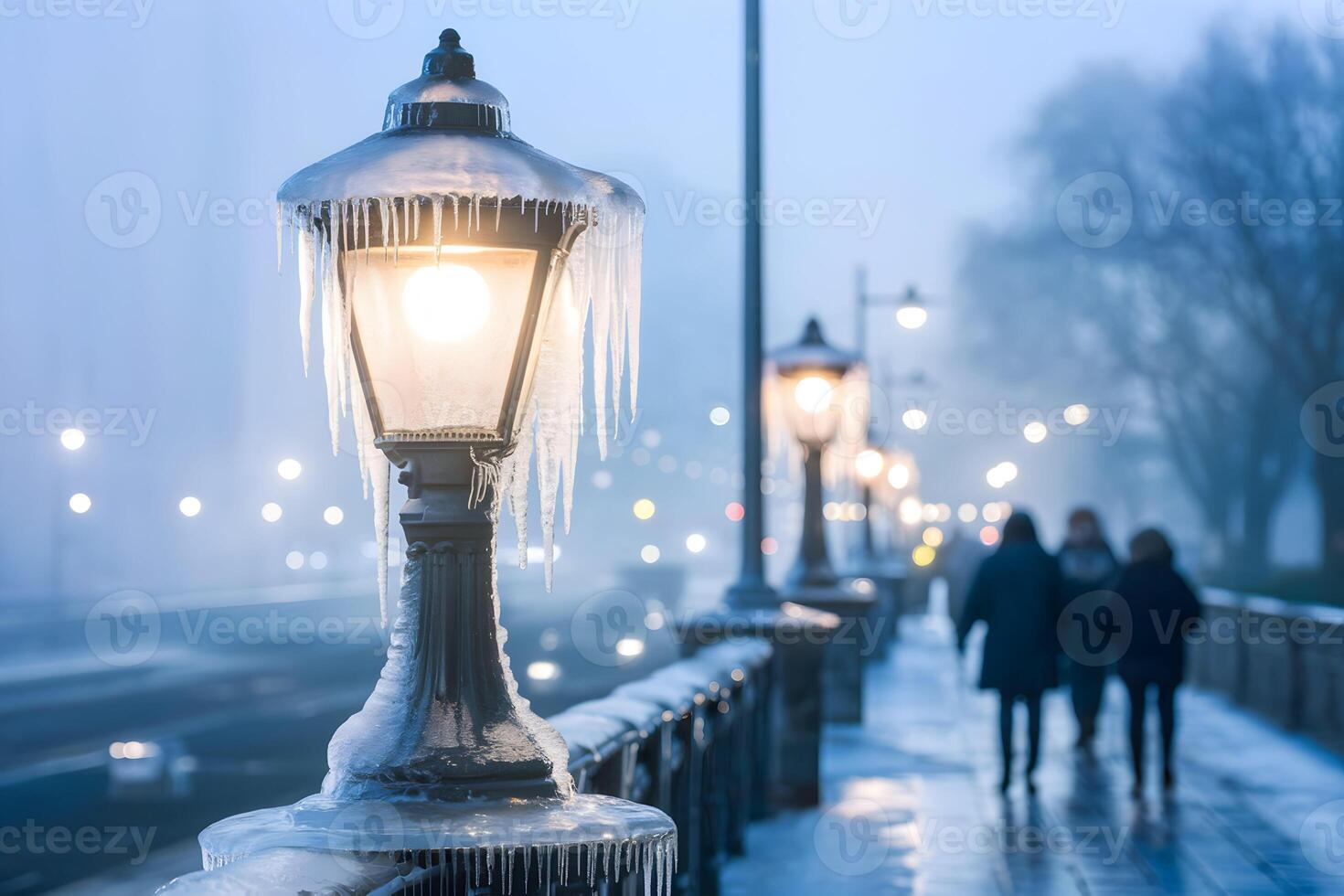 Icicle draped lamppost illuminates misty urban path, evoking cold, serene beauty photo