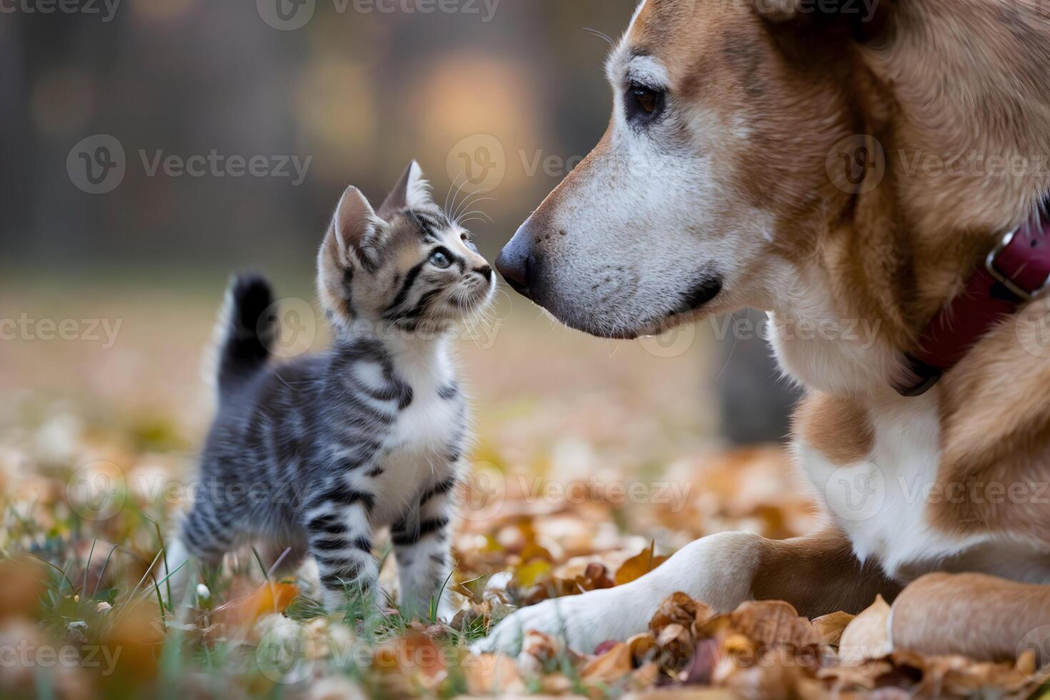 Kitten and dog share a tender moment, almost touching noses in peaceful setting photo