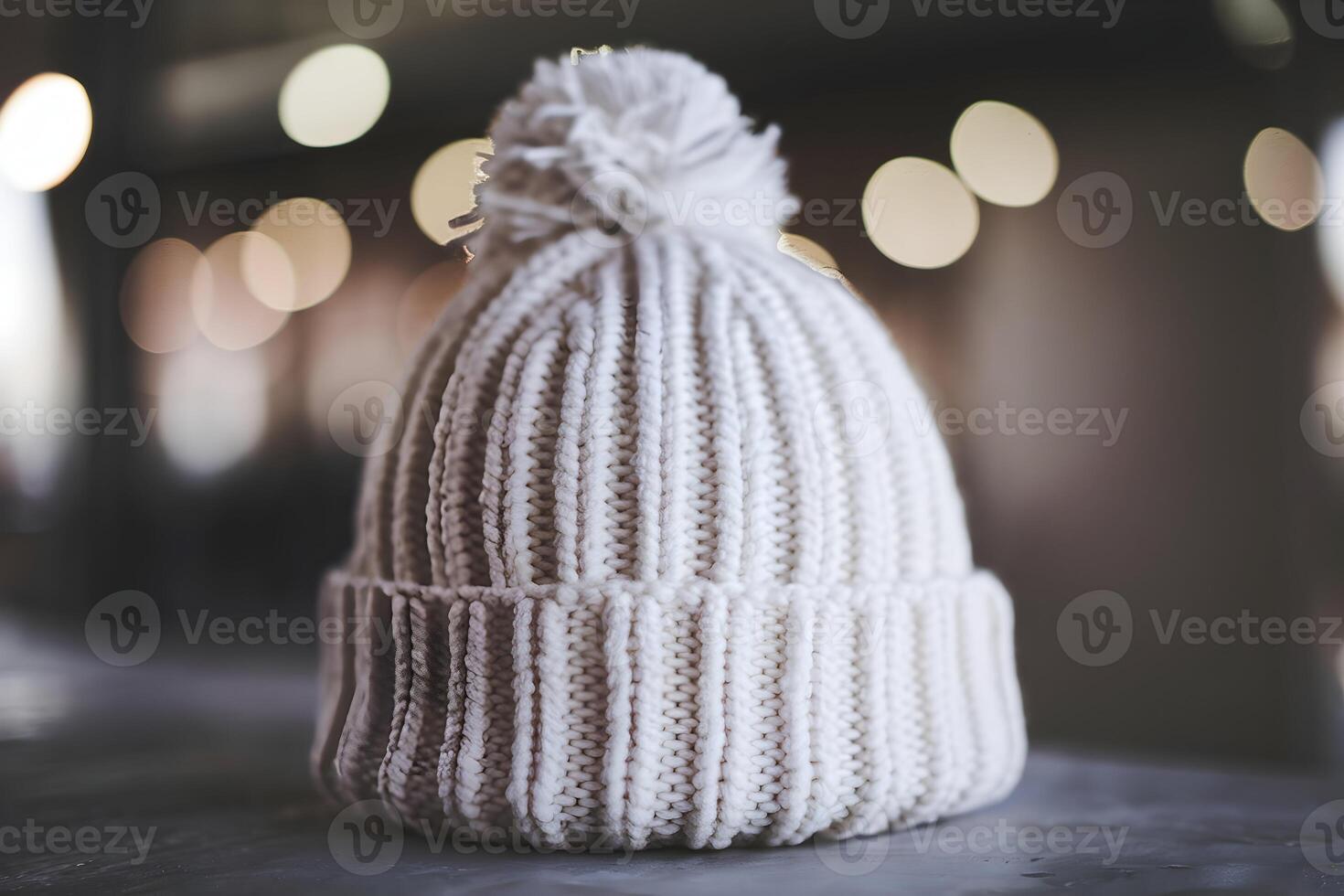 White knitted beanie with a pom pom placed on a soft surface photo