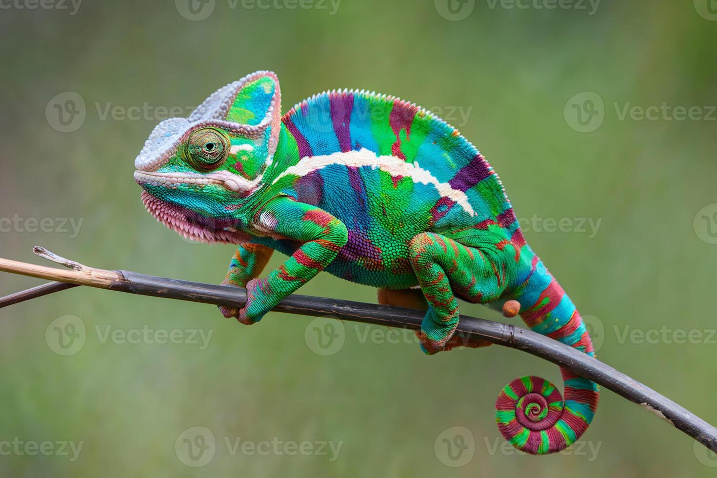Vibrant chameleon perches on a branch, showcasing colorful skin patterns photo
