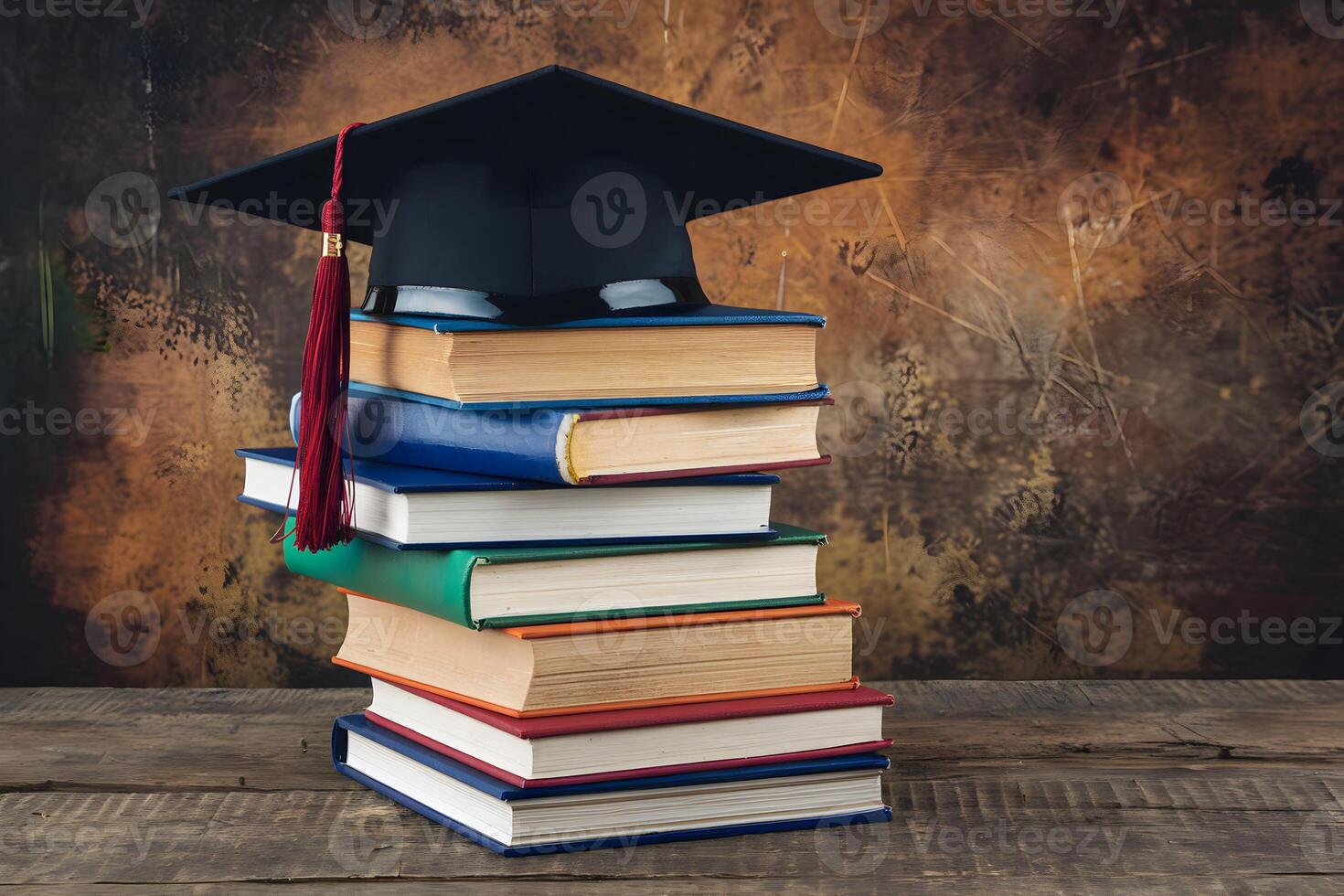 Stack of colorful books topped with a black graduation cap against rustic background photo