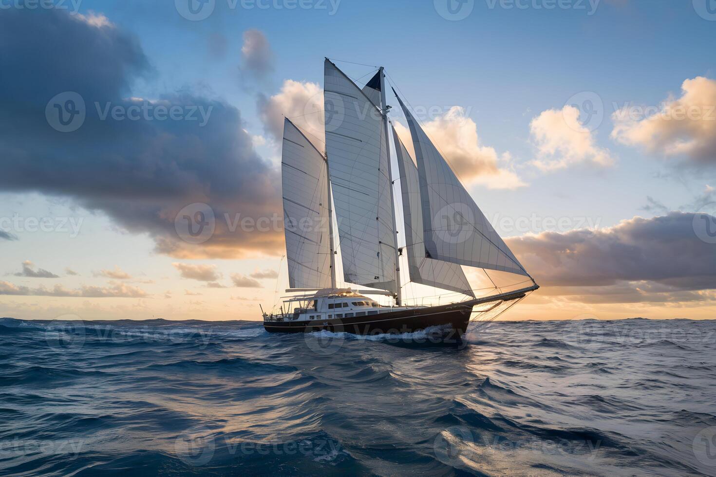 A sailboat navigates choppy waters beneath a dramatic sky at sunrise photo