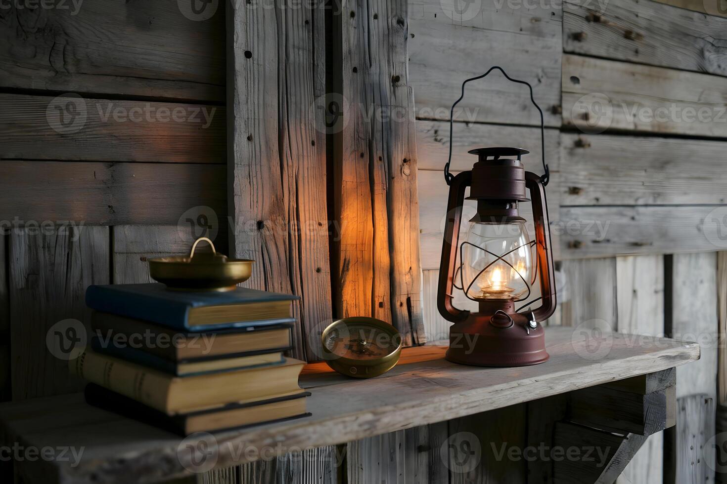 Rustic wooden shelf with oil lantern, vintage books, and brass compass create timeless charm photo