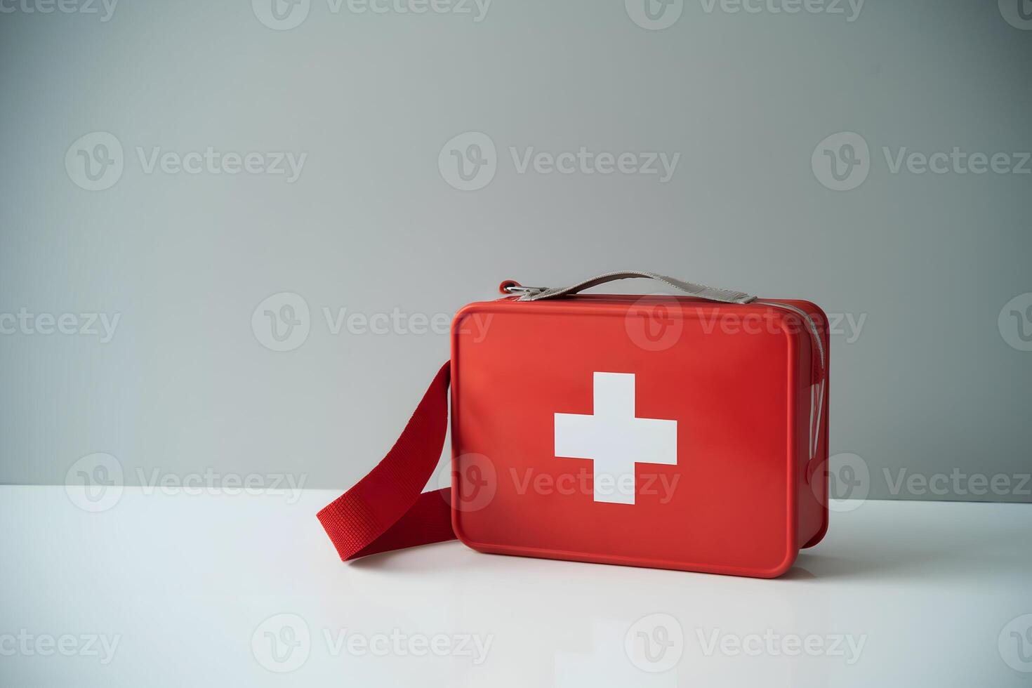 Red first aid kit with white cross, ready for emergency situations on white surface photo