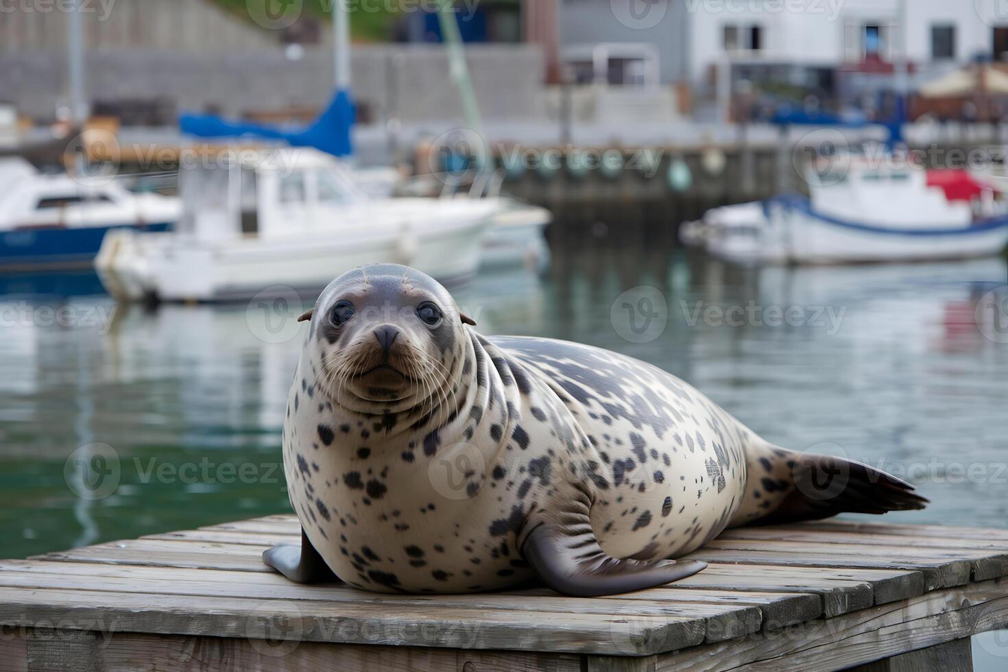Seal rests on wooden platform, gazing at camera with coastal town background photo