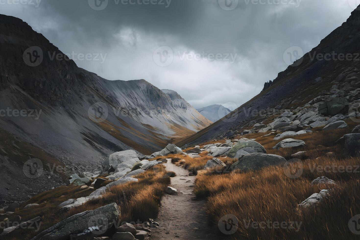 Rugged mountainous landscape with narrow trail, golden grass and boulders flank it photo