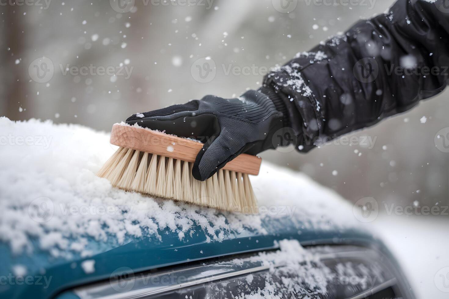 Gloved hand brushing snow off car, motion captures winters chill and effort photo