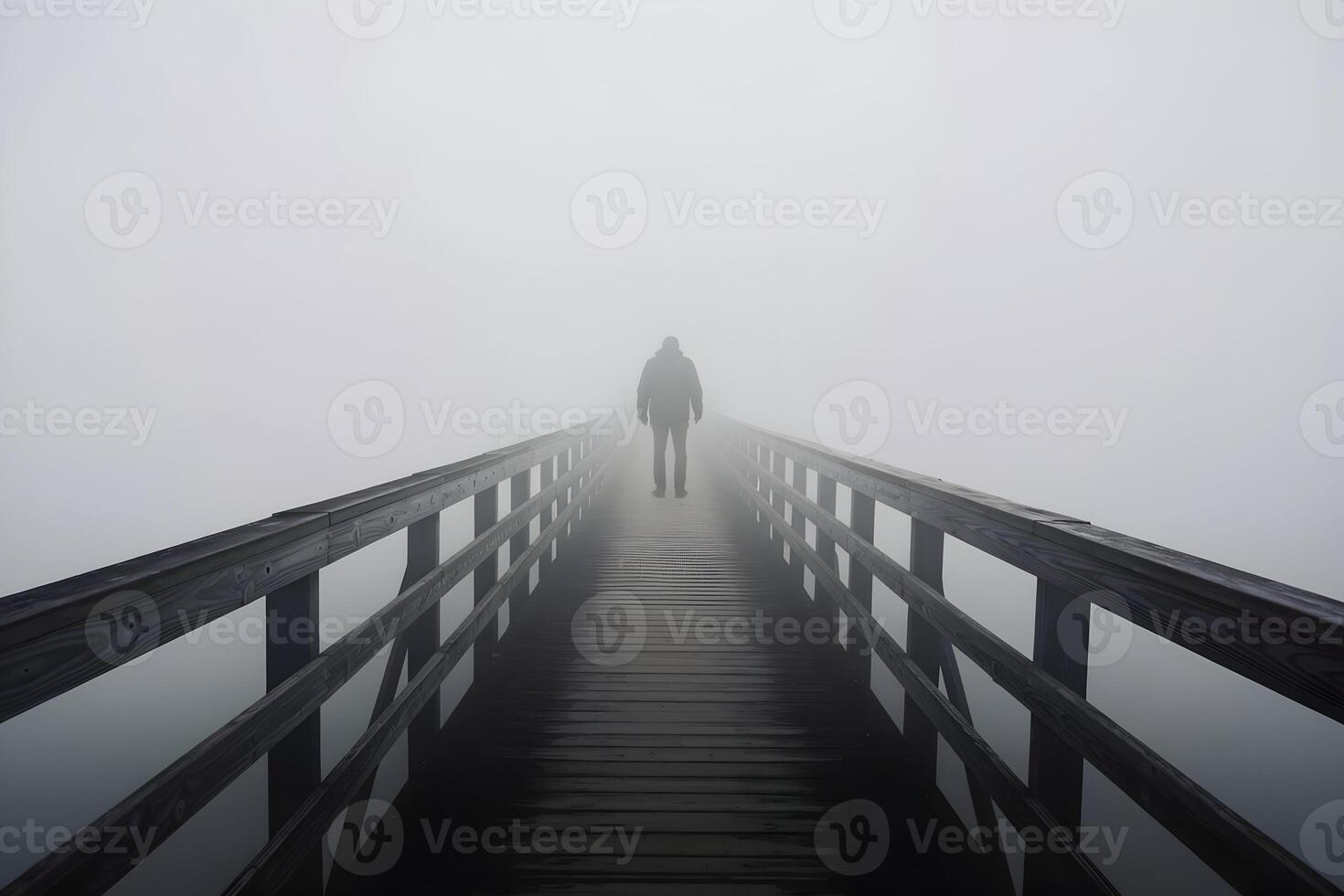 Solitary figure stands at the end of a narrow wooden bridge in thick fog photo