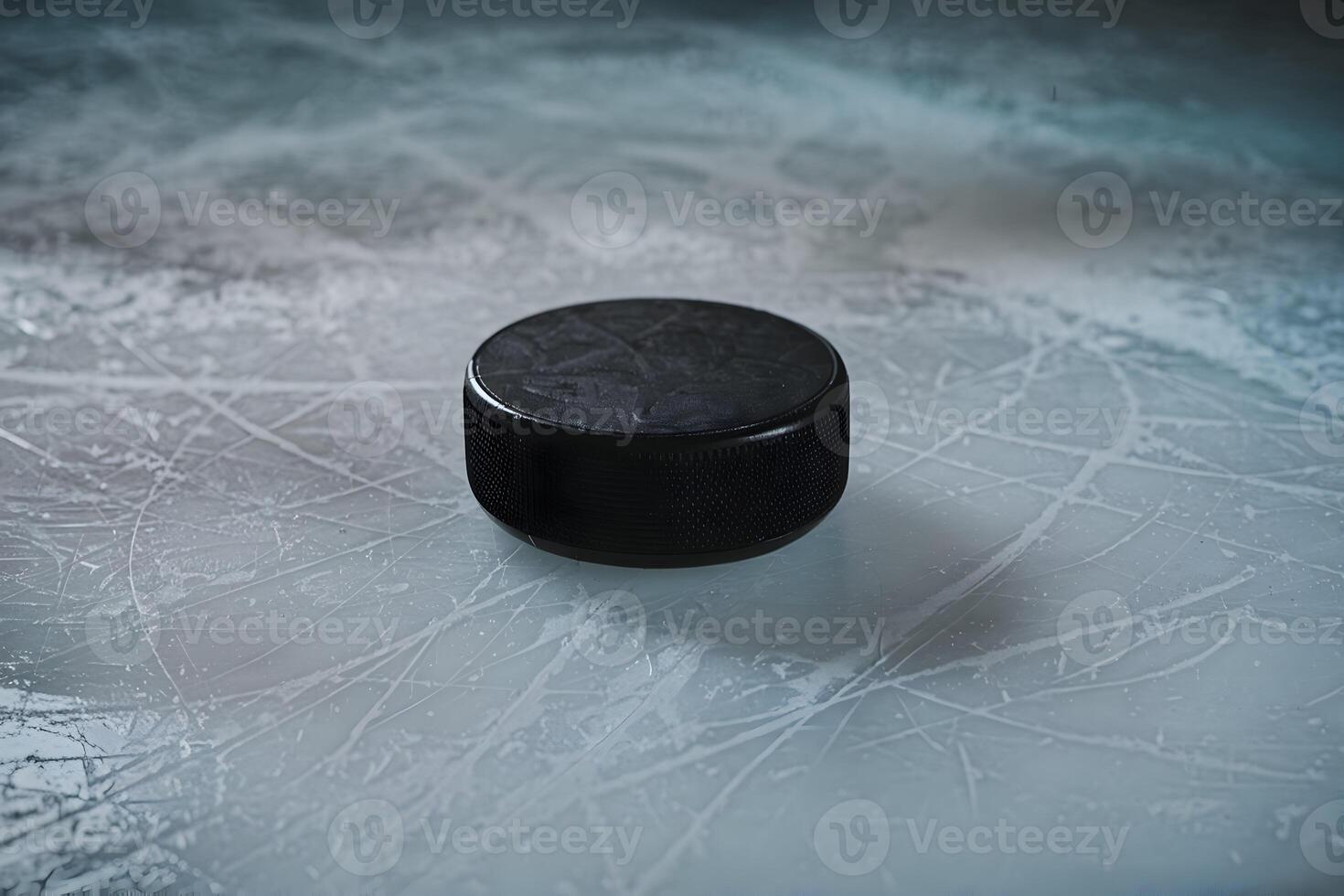 Hockey puck resting on scratched, reflective ice, emphasizing intensity of sport photo