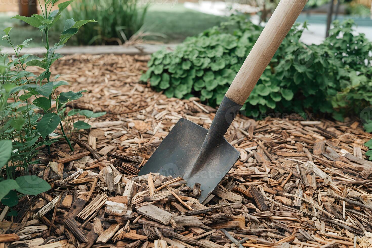 Shovel half buried in mulch, surrounded by green plants in a peaceful garden photo