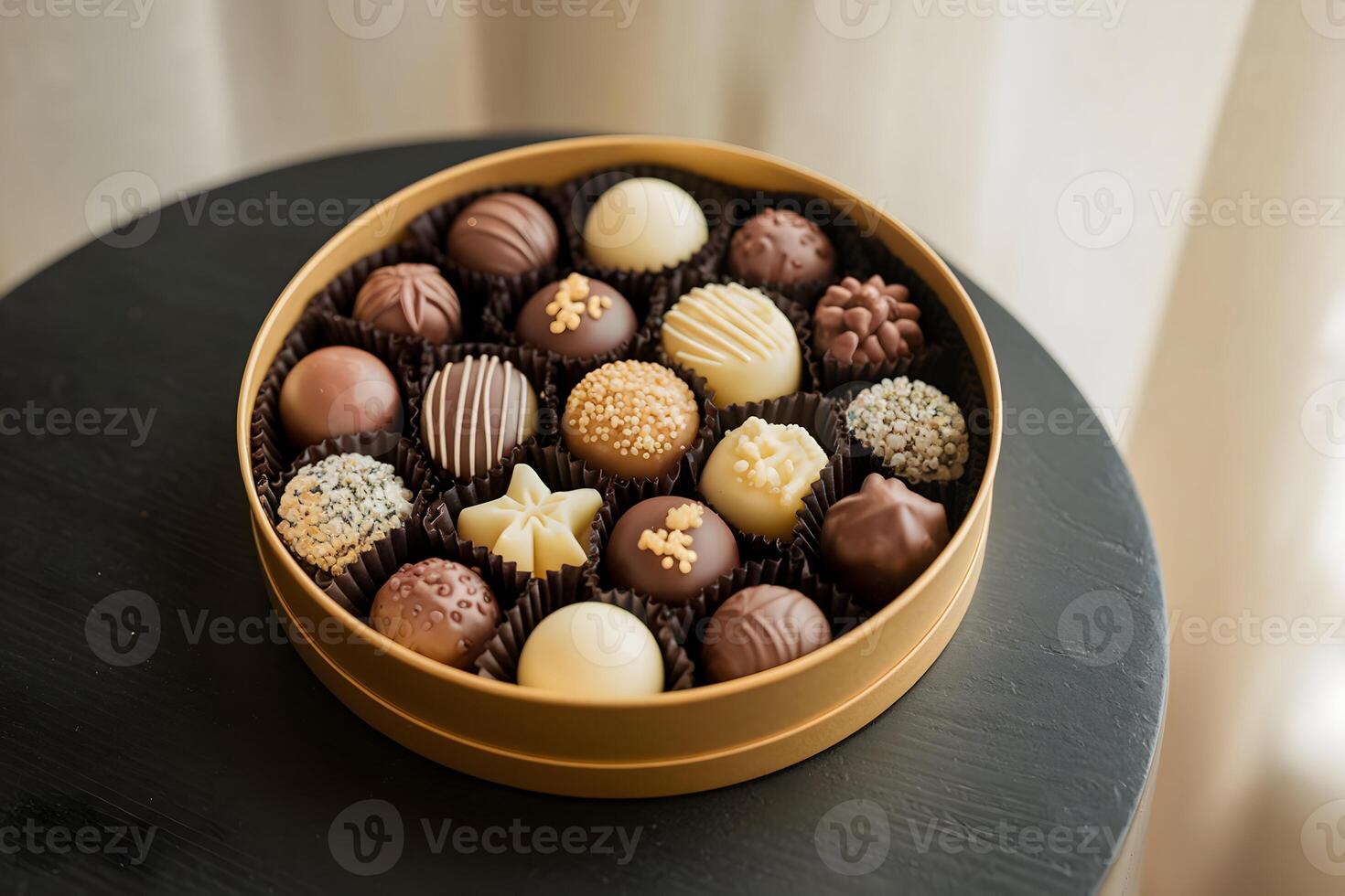 Golden box with intricately designed chocolates, blurred background for focus photo
