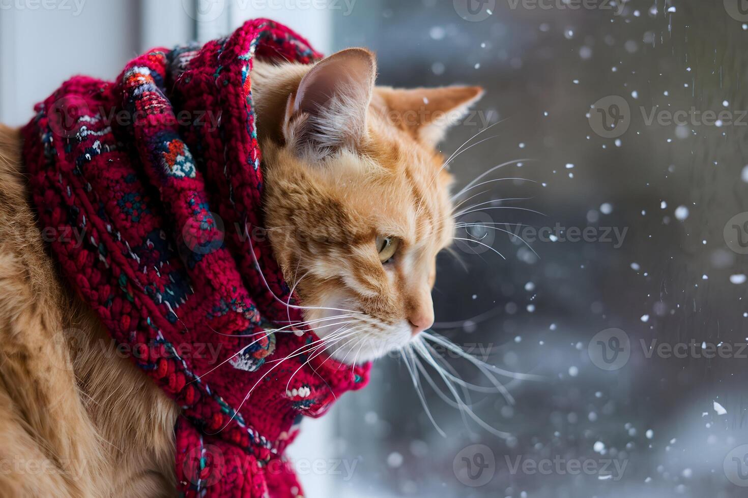 Ginger cat wrapped in red scarf, gazing at snow outside a window photo
