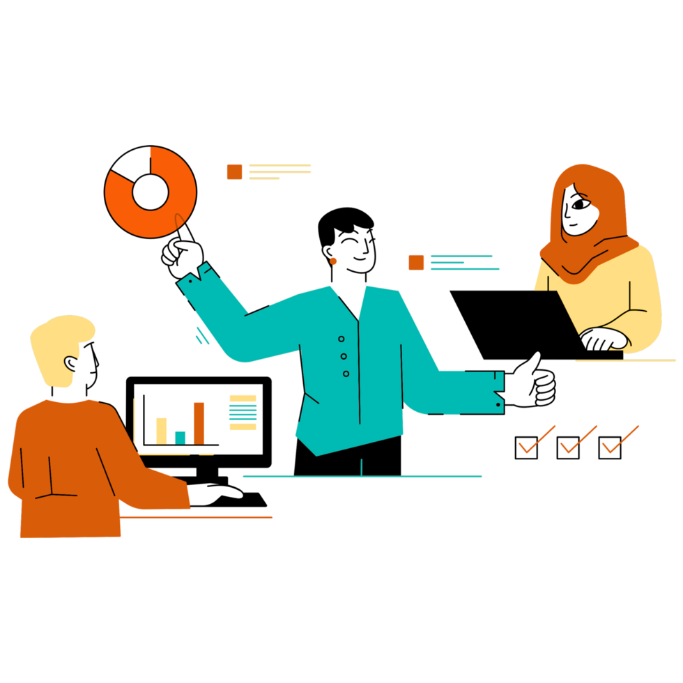A cartoon illustration of people working at a computer png
