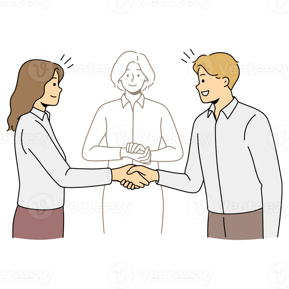 Two people shaking hands with a woman in the background png